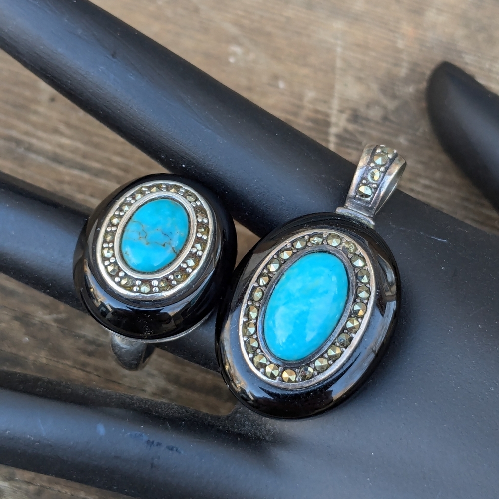 Turquoise and Marcasite Cocktail Ring Pendant Set - Picture 7 of 9